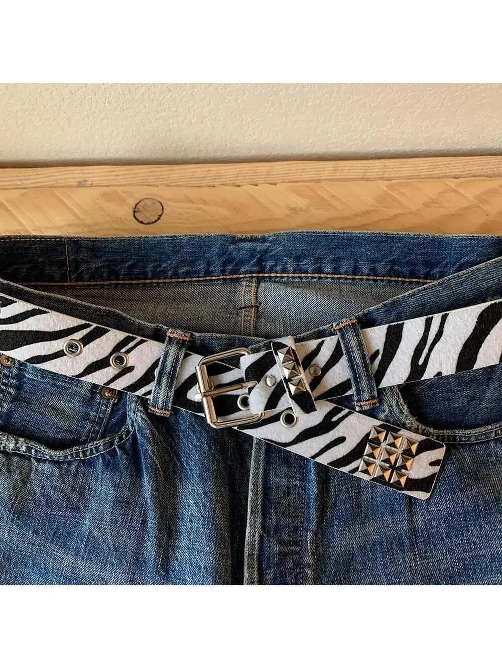 Y2K Cyber 2000s Style Zebra White Fur Studded Silver Belt